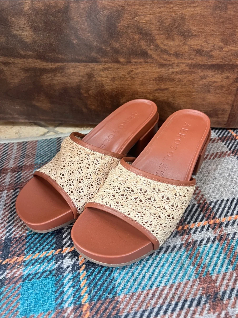 AEROSOLES Tan & Natural Woven Slide Sandal